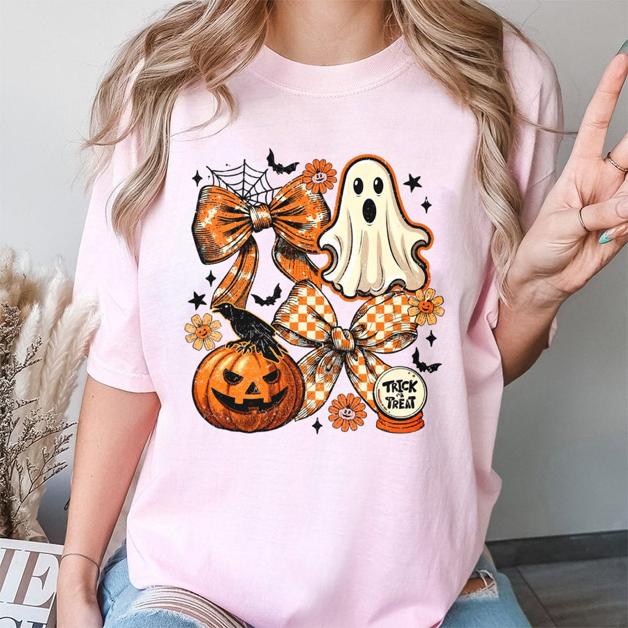 Halloween Ghost Coquette T-Shirt | Retro Spooky Pumpkin Bow Graphic | 100% Premium Cotton Tee | Cute Fall Aesthetic Gift for Her
