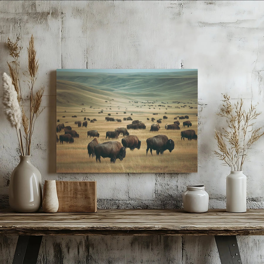 American Bison Canvas Wall Art | Panoramic Prairie Herd Landscape | Premium Gallery Wrap Print | Western Wildlife Home Decor Gift