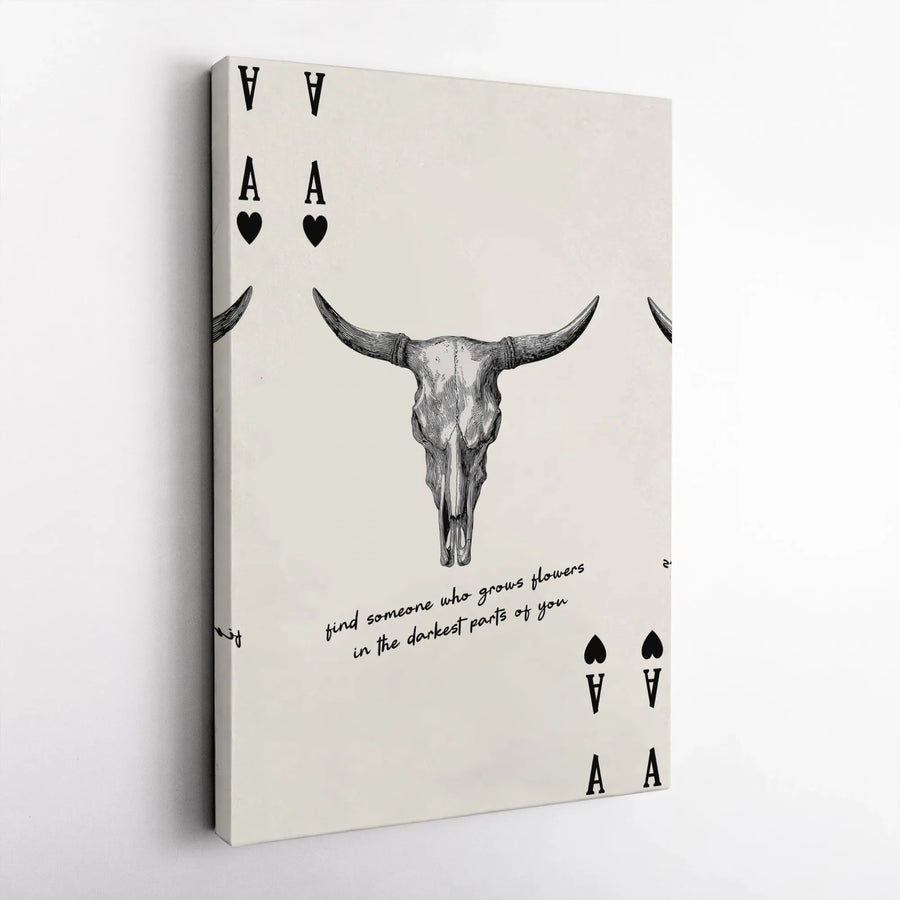 Bull Skull Ace of Hearts Canvas | Western Boho Playing Card Art with Quote | Premium Gallery Wrapped Print | Modern Farmhouse Decor Gift