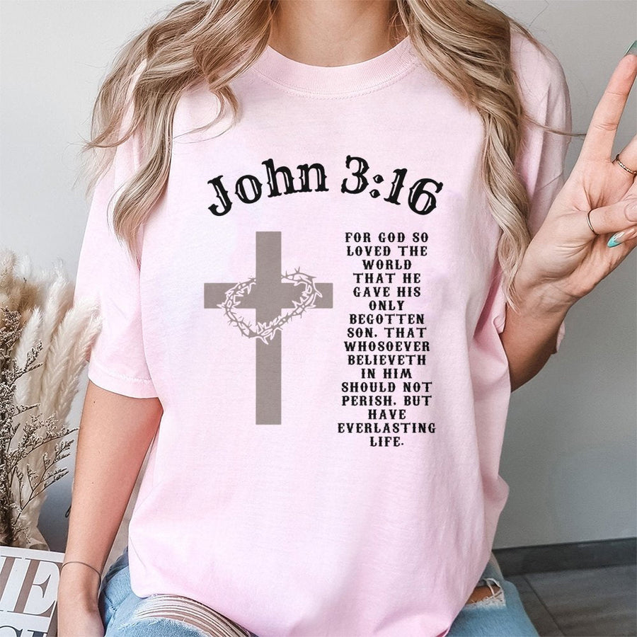 John 3:16 T-Shirt | Christian Bible Verse Scripture Cross & Crown of Thorns | 100% Cotton Premium Tee | Faith-Based Religious Gift for Men and Women