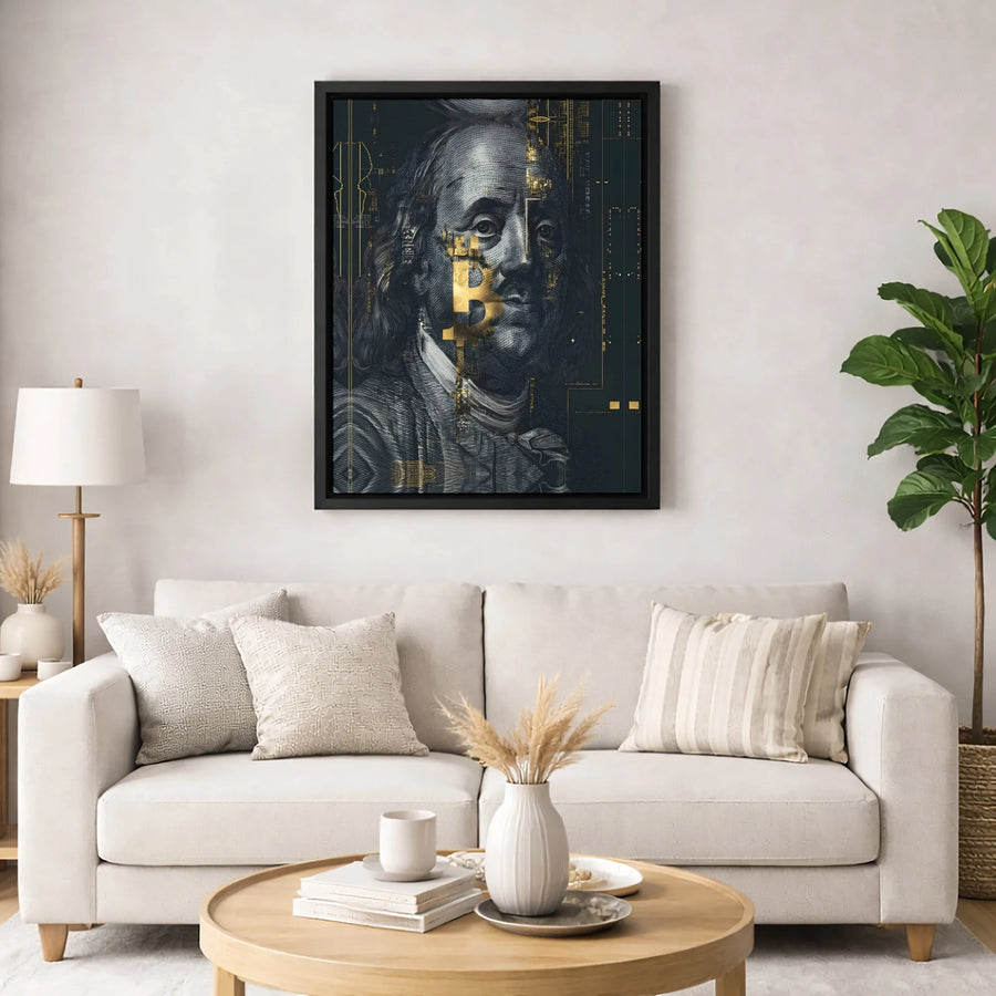 Bitcoin Benjamin Franklin Wall Art | Gold Crypto Tech Design | Premium 1.25-Inch Gallery Canvas | Modern Office Decor for Investors