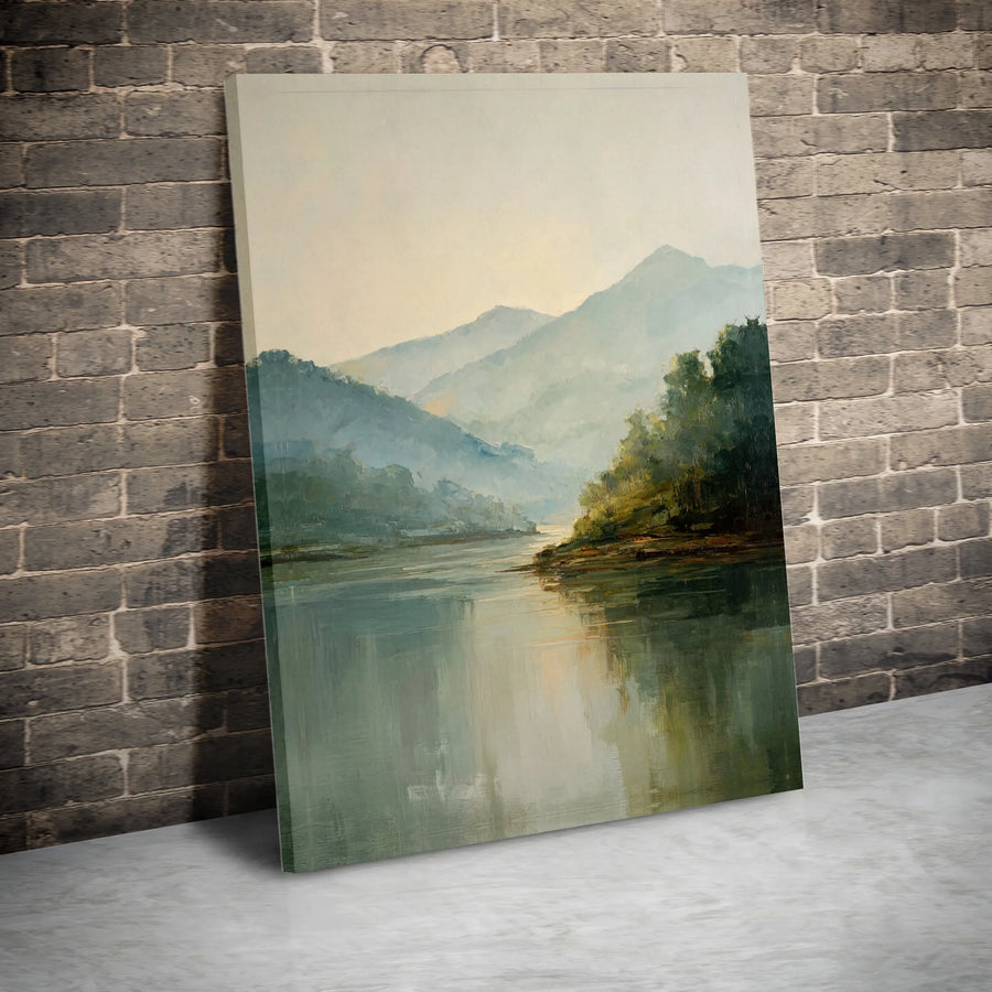 Misty Mountain Lake Vertical Canvas | Serene Forest River Landscape Art | Premium 1.25” Gallery Wrap | Calming Home Decor & Office Wall Art Gift