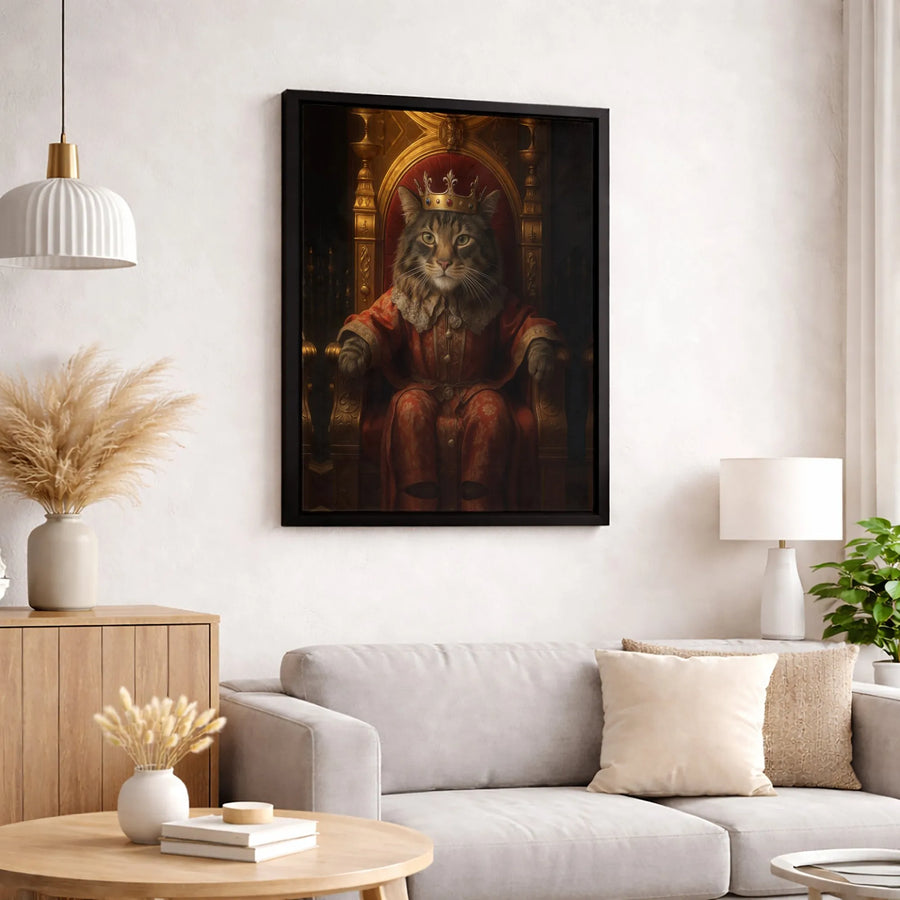 Regal Cat Portrait Canvas Wall Art | Royal King Cat with Crown on Throne | Gallery-Quality 1.25 Inch Profile | Unique Pet Lover Gift Decor