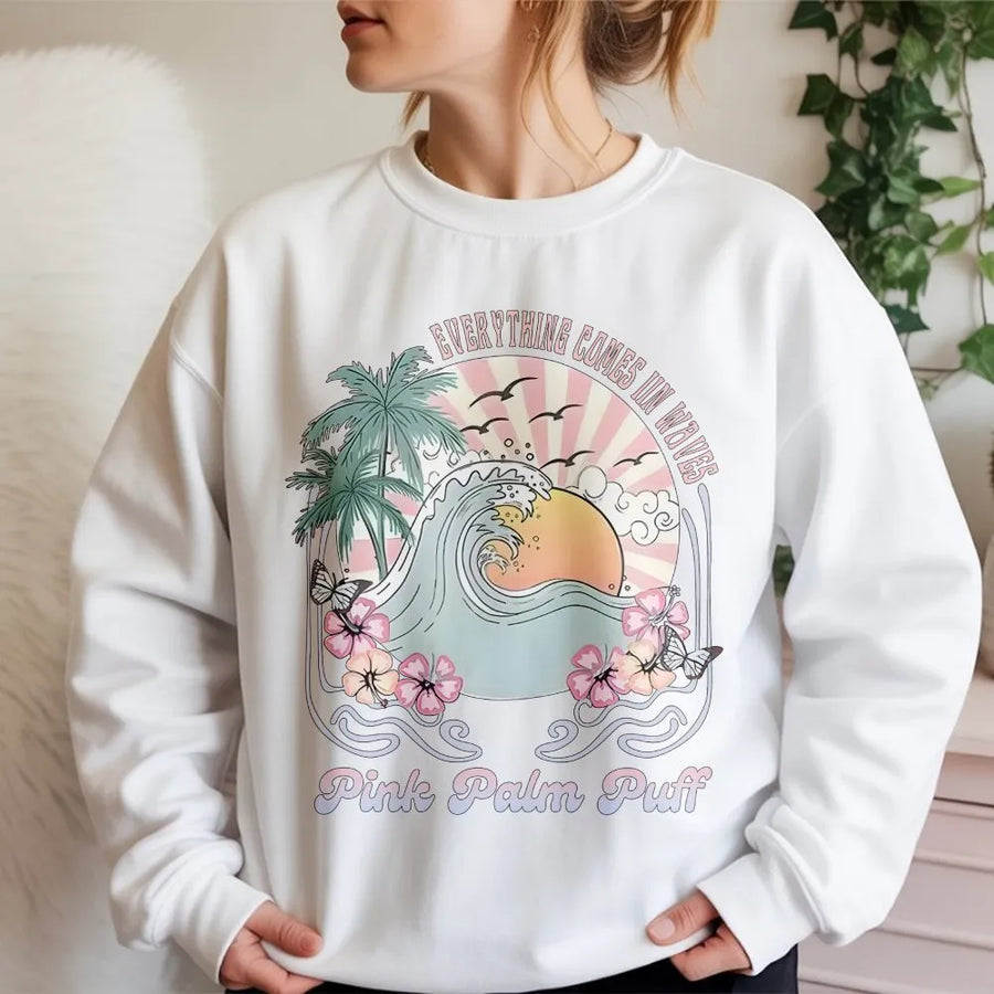 Ocean Wave Sweatshirt | Retro Sunset & Palm Tree Graphic | Soft Cotton Blend Sweatshirt | Beach Lover Surfer Gift