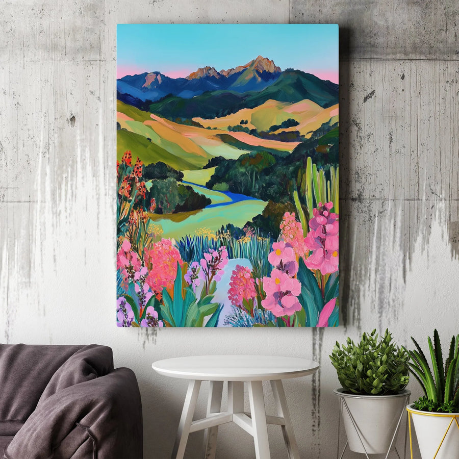 Mountain Valley Vertical Canvas | Vibrant Wildflower Landscape Painting | Premium High-Resolution Print | Modern Living Room Wall Art Gift