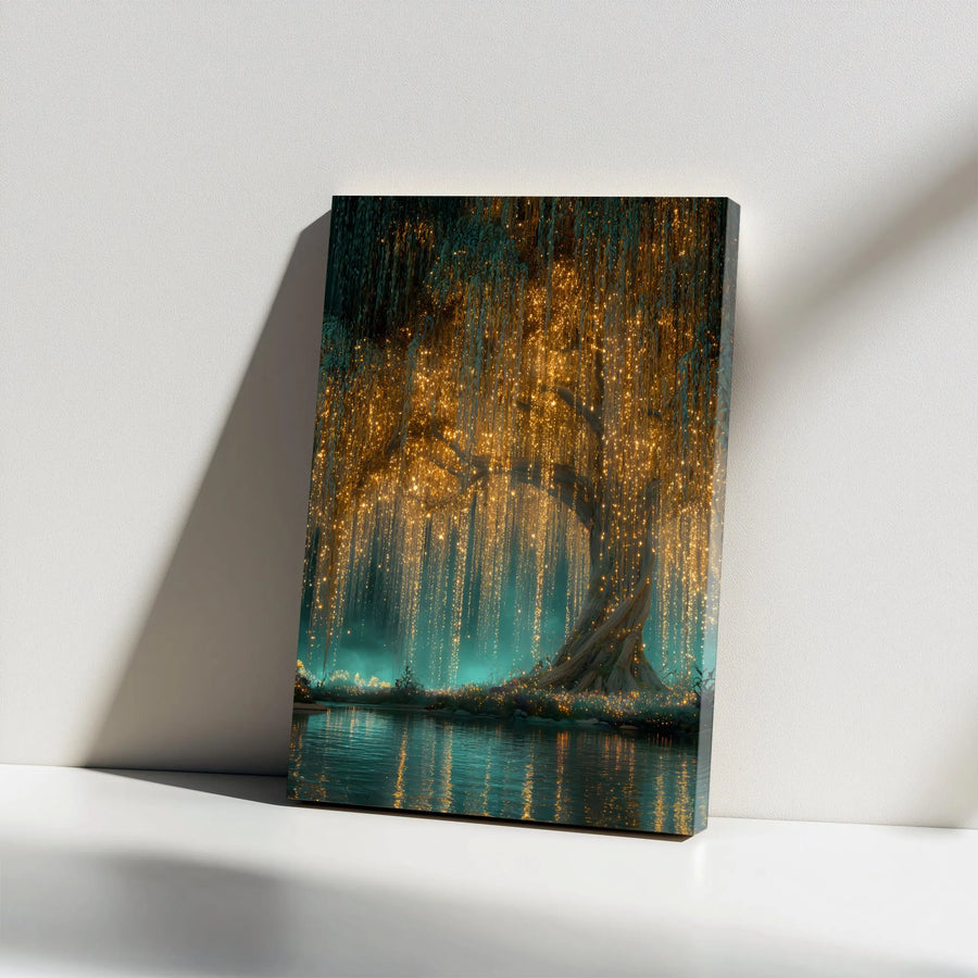 Enchanted Willow Tree Vertical Canvas | Fantasy Forest with Glowing Fairy Lights | Premium 1.25" Thick Gallery Wrap | Magical Living Room Wall Decor Gift