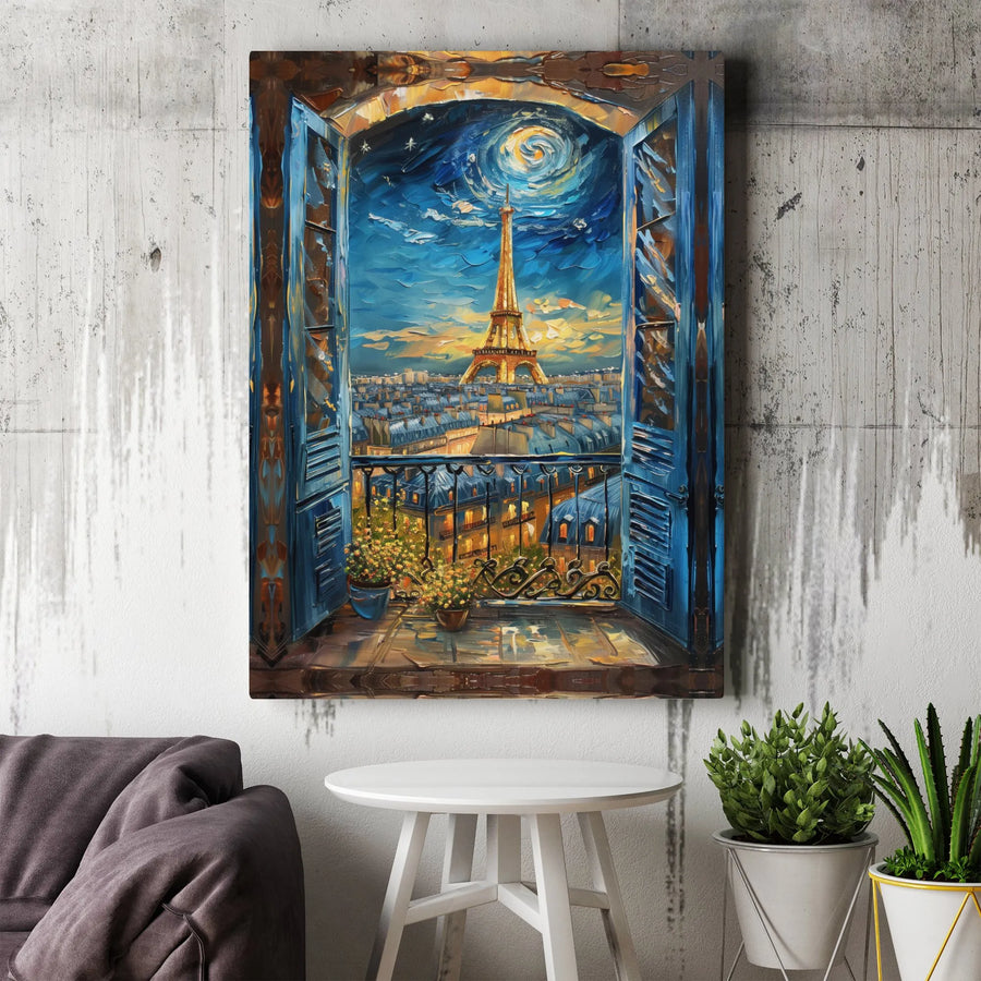 Paris Eiffel Tower Canvas Wall Art | Impressionist Night Window View | Premium Gallery Wrap Decor | Travel Gift for France Lovers