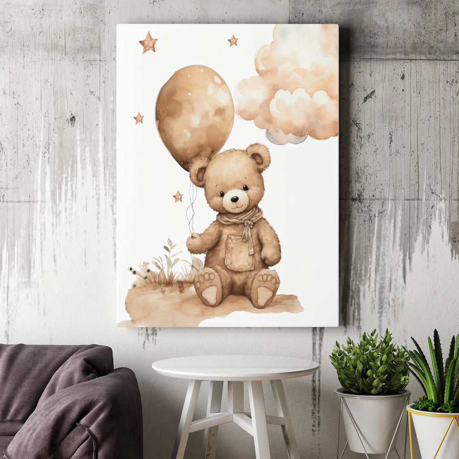 Teddy Bear Canvas Wall Art | Watercolor Bear with Balloon Print | Premium Thick Gallery Canvas | Kids Room Nursery Decor Baby Shower Gift