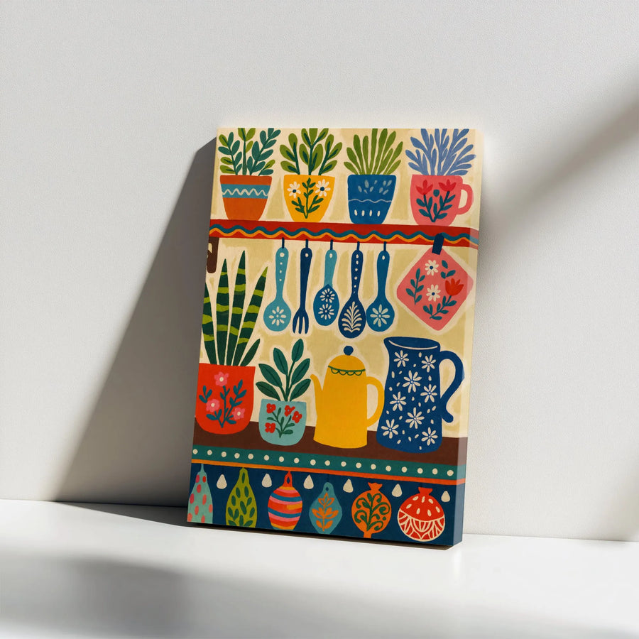 Folk Art Kitchen Canvas Wall Art | Colorful Botanical Still Life Print | Premium Gallery Wrapped Canvas | Boho Dining Room Decor & Housewarming Gift