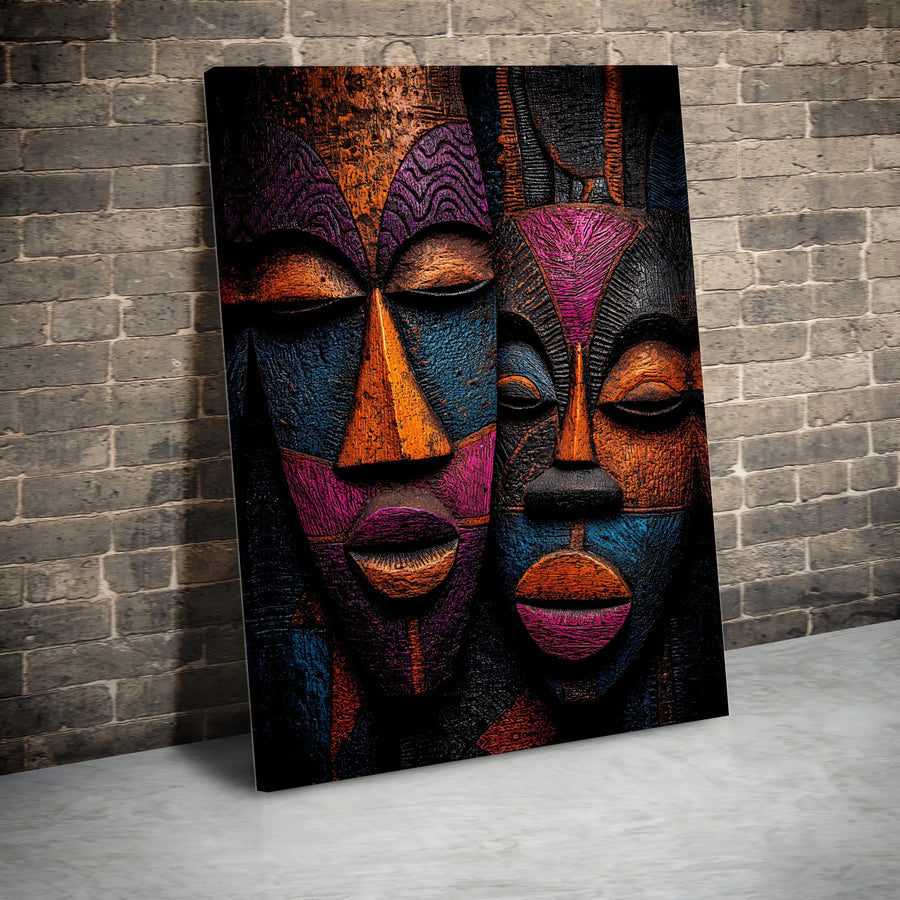 African Mask Canvas Art | Colorful Wood-Carved Effect Print | Premium Gallery Wrapped Canvas | Modern Ethnic Home Decor Gift