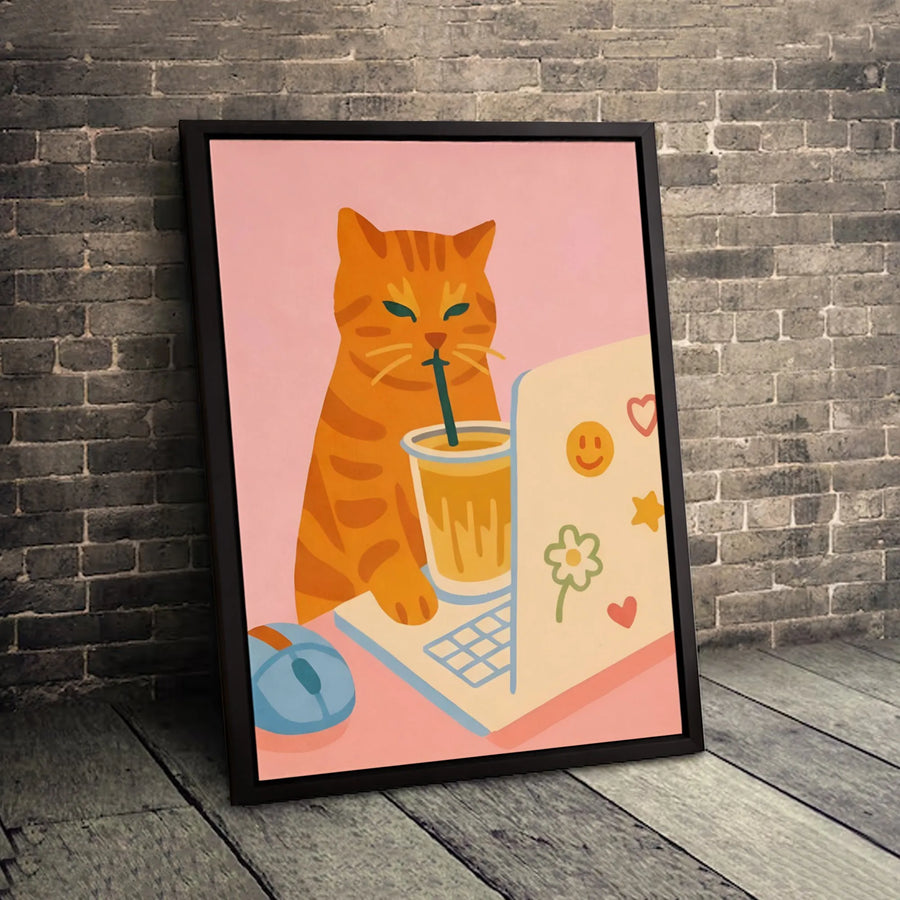 Orange Tabby Cat Wall Art | Cute Kawaii Laptop Illustration | Premium Fade-Resistant Canvas | Whimsical Home Decor Gift for Cat Lovers