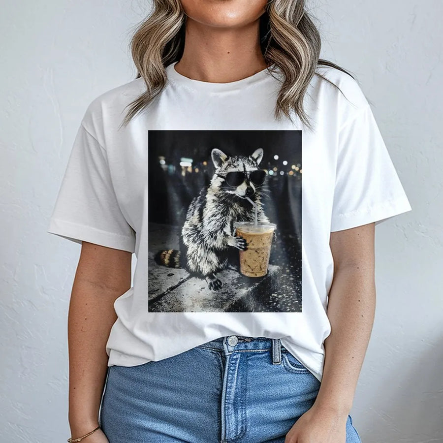 Raccoon Coffee T-Shirt | Funny Animal Wearing Sunglasses Graphic | Premium Soft Cotton Tee | Unique Gift for Coffee Lovers & Animal Enthusiasts