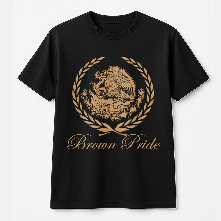 Brown Pride T-Shirt | Mexican Eagle Coat of Arms Graphic | 100% Cotton Premium Tee | Chicano Heritage Gift for Men and Women
