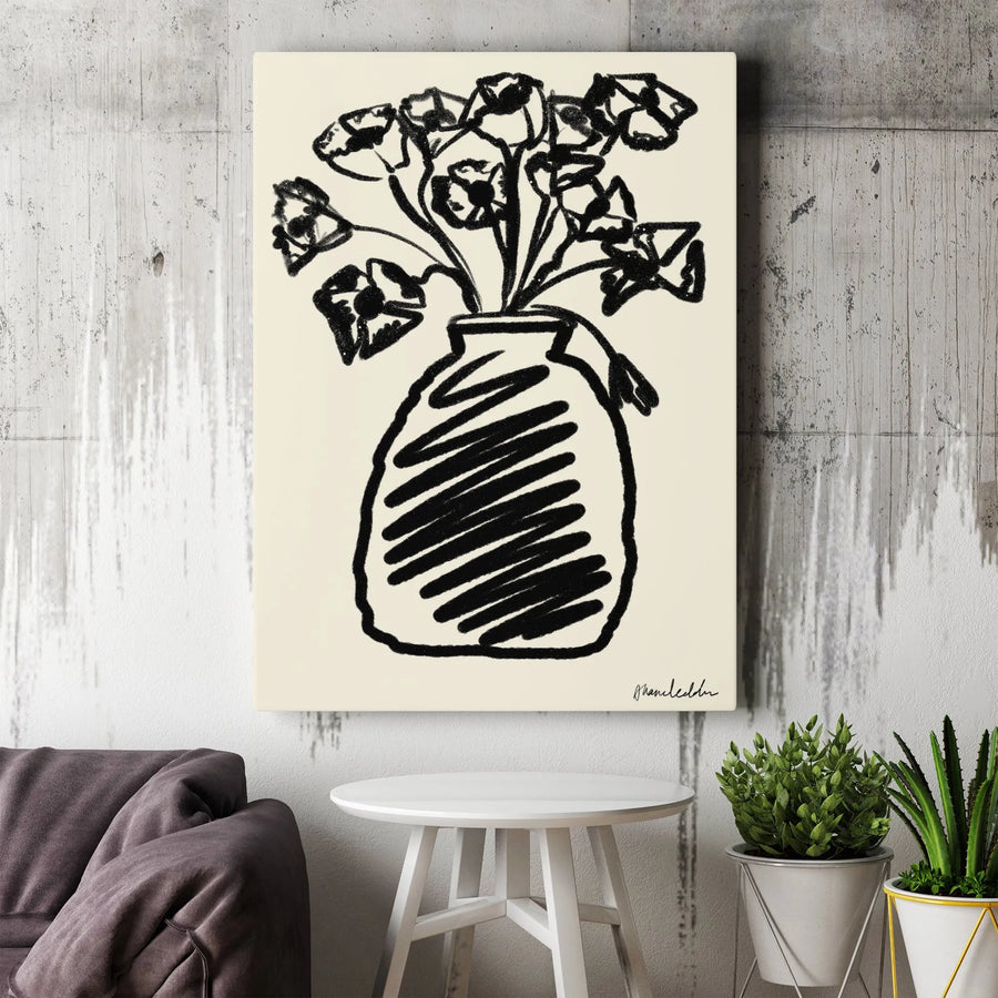 Minimalist Floral Canvas Wall Art | Black and White Sketch Flower Vase Print | Gallery Quality 1.25 inch Thick | Modern Home Office Decor Gift