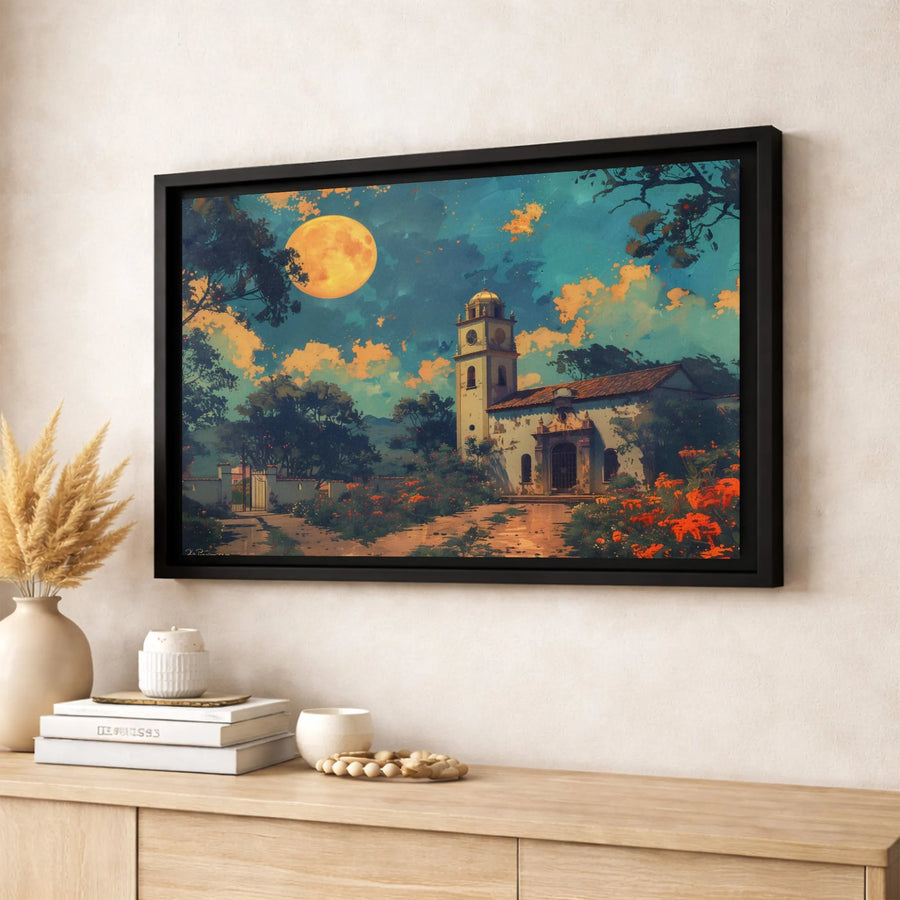 Spanish Mission Wall Art | Night Landscape With Full Moon | Premium Gallery Wrapped Canvas | Southwestern Home Decor Gift
