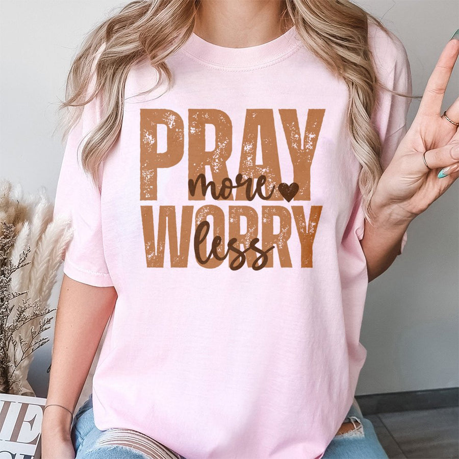 Pray More Worry Less T-Shirt | Christian Faith Typography Graphic Tee | Premium 100% Cotton Comfort | Inspirational Religious Gift for Women