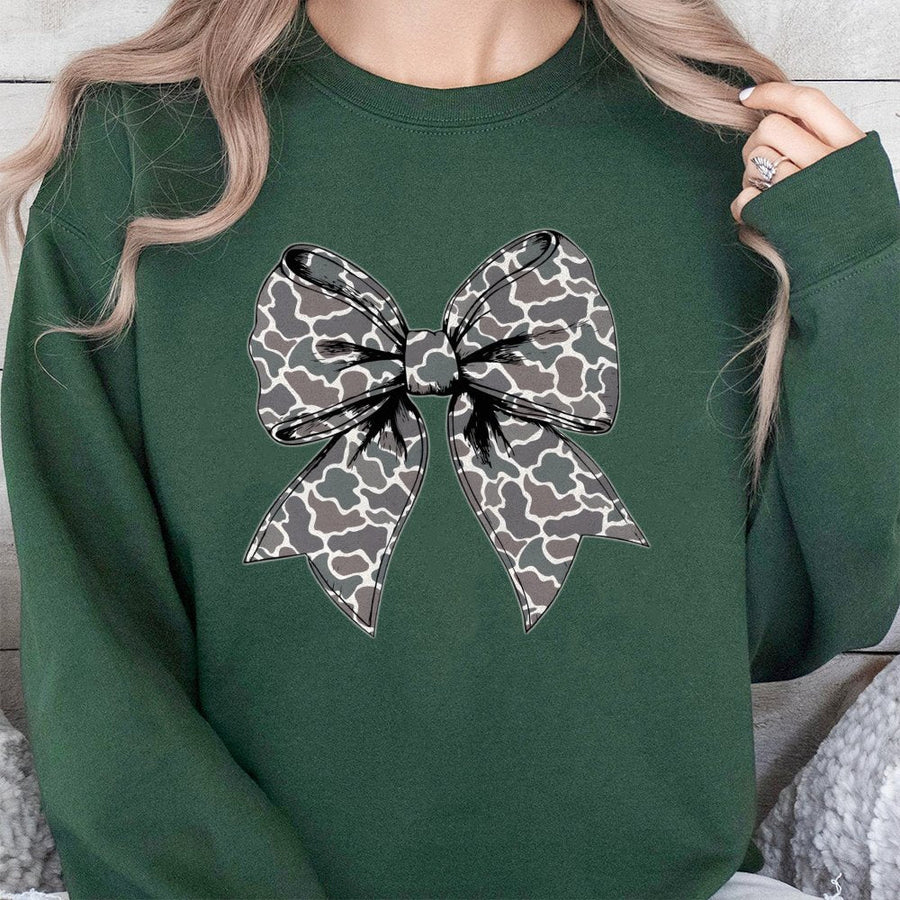 Camo Bow Sweatshirt | Trendy Coquette Aesthetic Graphic | Premium Cotton Blend Unisex Pullover | Hunting Gift for Women and Outdoorsy Girls