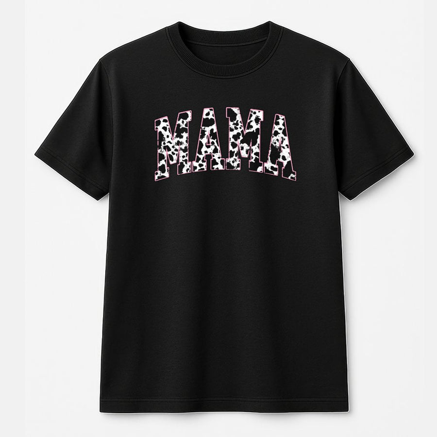 Mama Cow Print T-Shirt | Retro Western Country Farm Graphic Tee | Premium 100% Cotton | Stylish Gift for Mom and Cowgirl Enthusiasts