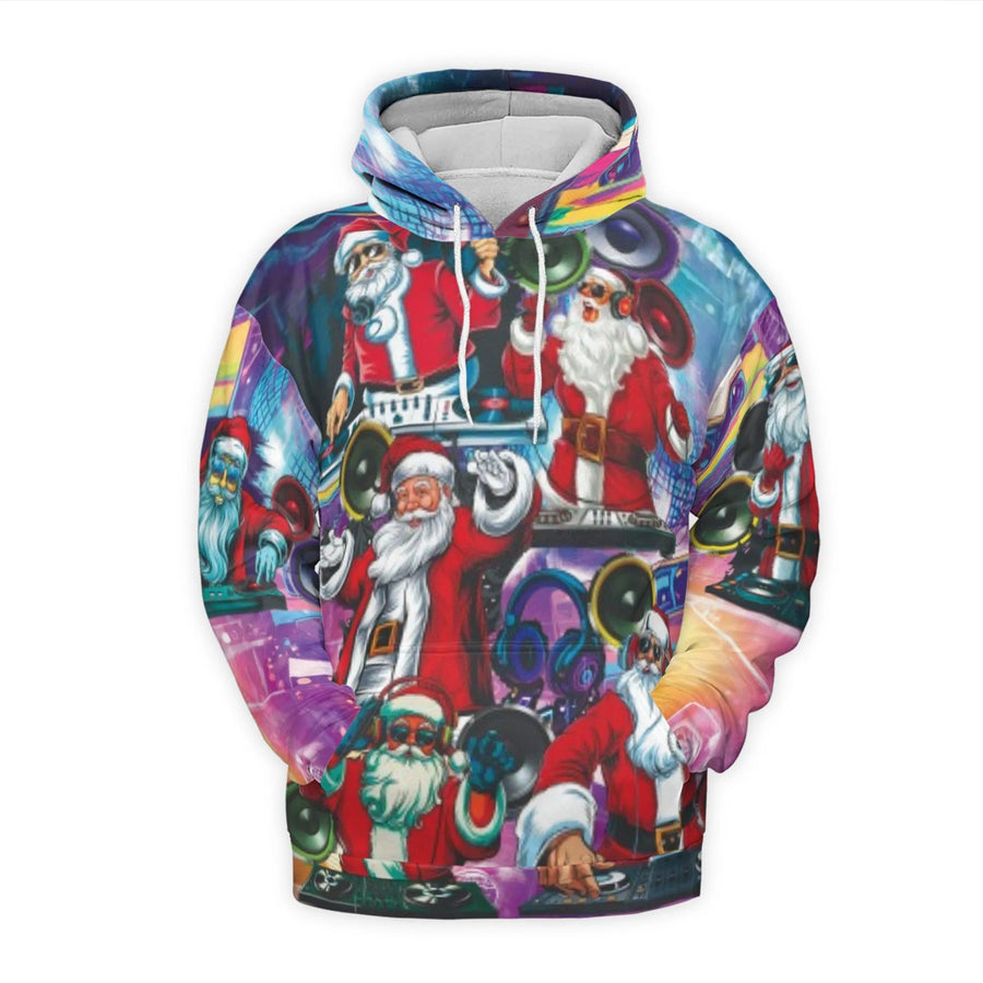 DJ Santa Claus Hoodie | Retro Music Party Graphic Print | Premium Brushed Fleece Polyester | Unisex Christmas Gift for Music Lovers