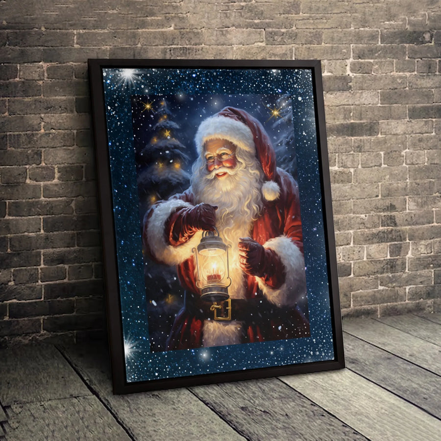 Christmas Santa Claus Canvas Art | Snowy Lantern Forest Scene | Premium Fade-Resistant Print | Festive Holiday Wall Decor Gift for Home