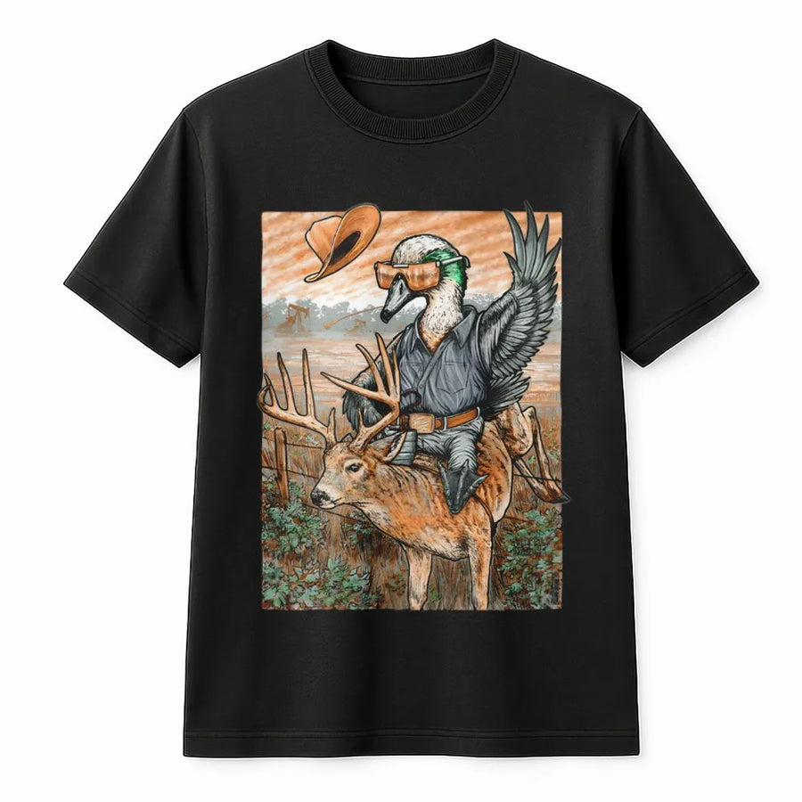Buckin Deer Duck Graphic T-Shirt | Retro Cowboy Mallard Hunting Art | Premium Soft Cotton Tee | Funny Outdoor Wildlife Gift For Hunters