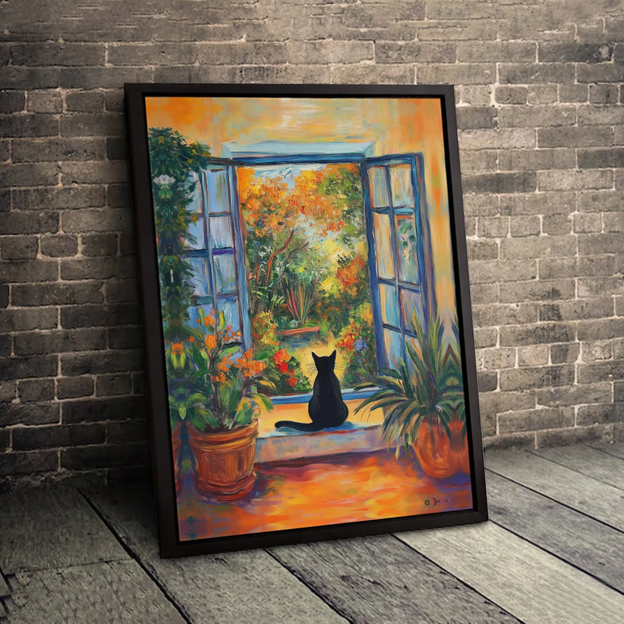 Black Cat Wall Art | Impressionist Garden View Canvas Print | Premium Gallery Wrapped Decor | Gift for Cat Lovers