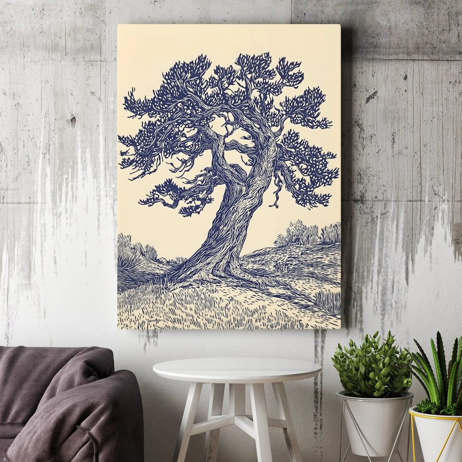 Gnarled Tree Canvas Wall Art | Rustic Woodcut Ink Drawing Print | 1.25-Inch Thick Premium Gallery Wrap | Nature-Inspired Home Decor Gift