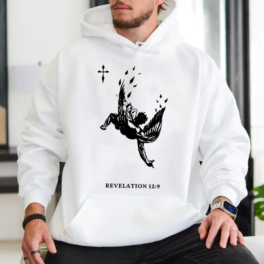 Revelation 12:9 Angel Graphic Hoodie | Fallen Angel Religious Streetwear | Premium Cotton-Blend Pullover | Faith-Inspired Gift for Men & Women