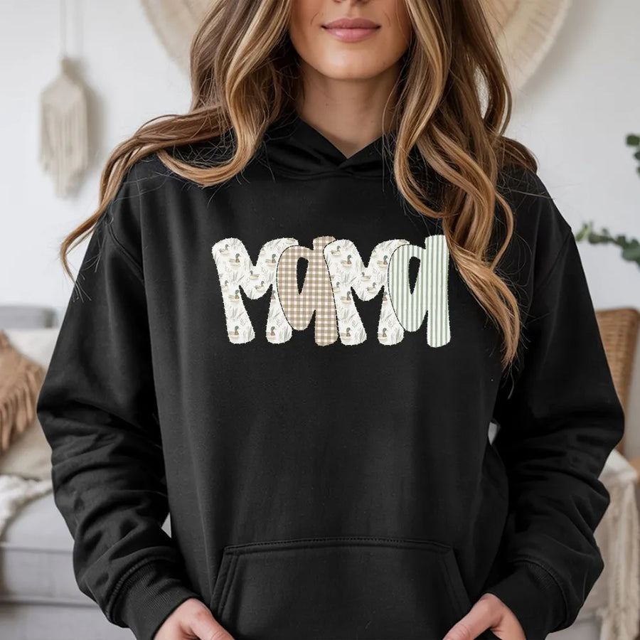 Duck Hunting Mama Hoodie | Camo Mallard Duck Patchwork Style | Premium Cotton Tee | Gift for Outdoorsy Mom
