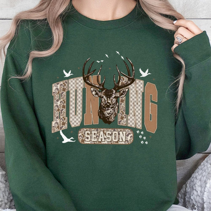 Hunting Season Sweatshirt | Camo Deer and Duck Graphic | Cotton Blend Premium Crewneck | Outdoorsy Gift for Hunters Men and Women