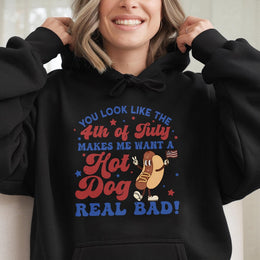 4th of July Hot Dog Hoodie | Funny Patriotic Food Graphic | Premium Cotton Blend Unisex Sweatshirt | Americana Gift for Hot Dog Lovers