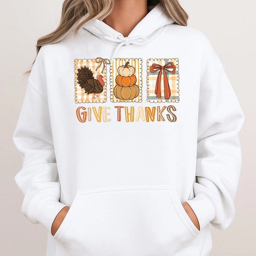Give Thanks Hoodie | Thanksgiving Turkey Pumpkin Bow Graphic | Premium Cotton Blend Fall Pullover | Cute Coquette Autumn Gift for Women