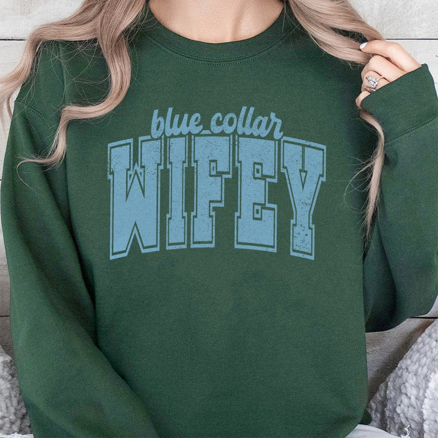 Blue Collar Wifey Sweatshirt | Distressed Varsity Letter Design | Soft Cotton-Blend Premium Apparel | Gift for Construction Wife or Mechanic Partner