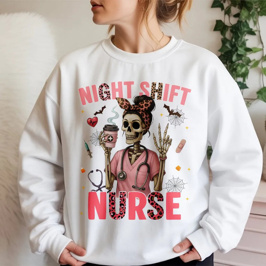 Night Shift Nurse Sweatshirt | Skeleton with Leopard Bow and Coffee | Soft Cotton Tee | Funny Halloween Gift for ICU Nurse