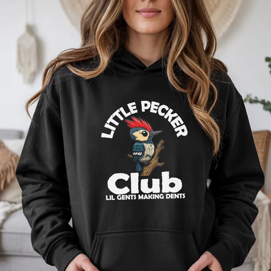 Little Pecker Club Hoodie | Funny Woodpecker Nature Pun Graphic | Premium Cotton Blend | Gift for Bird Watchers and Wildlife Lovers