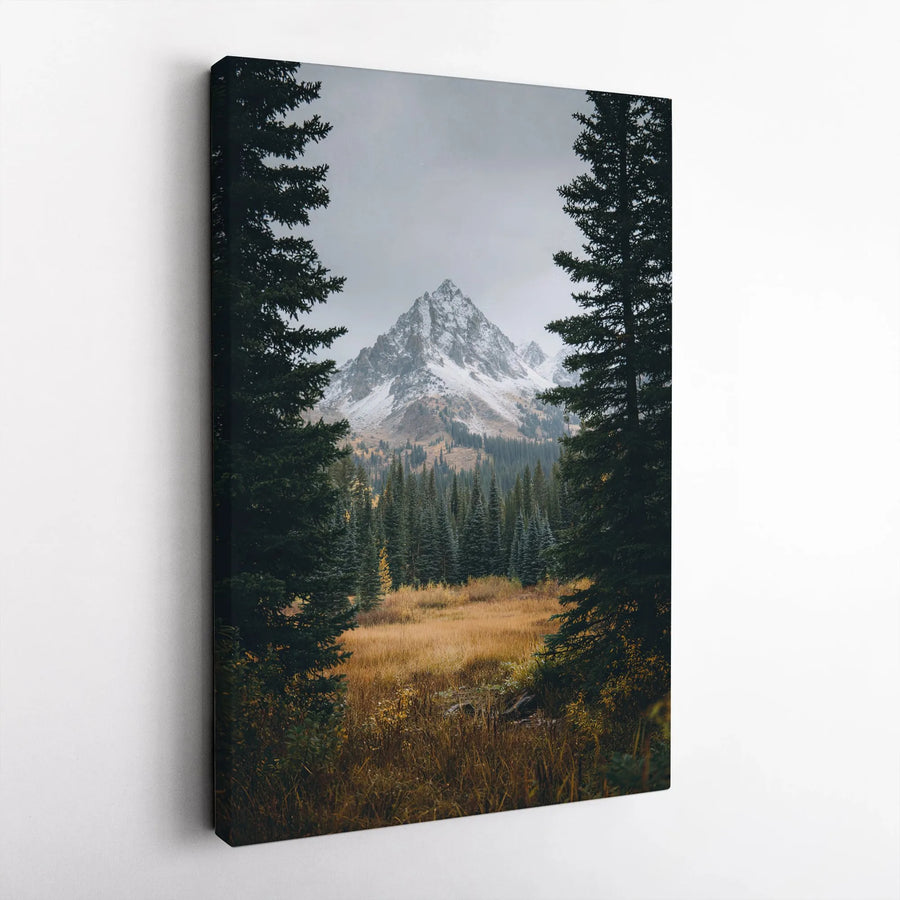 Snowy Mountain Peak Vertical Canvas | Pine Forest View Photography | Premium Gallery Wrapped Print | Rustic Cabin Decor & Nature Lover Gift