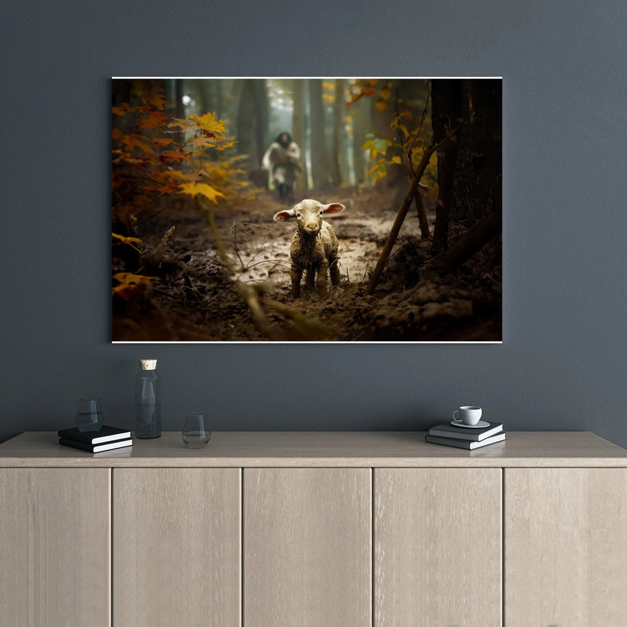 Jesus The Good Shepherd Canvas | Lost Lamb In Forest Wall Art | Premium Gallery Wrap Print | Christian Home Decor Gift
