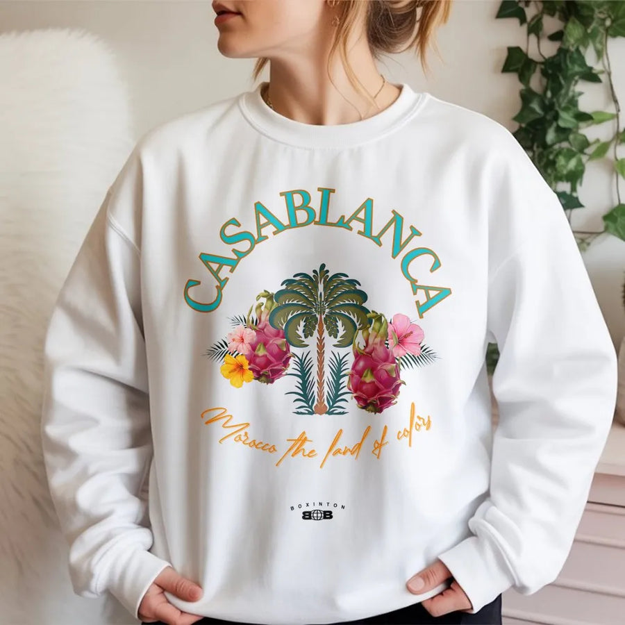 Casablanca Morocco Sweatshirt | Tropical Dragon Fruit Graphic Print | Premium Cotton Blend Crewneck | Unisex Travel Gift for Summer Vacation
