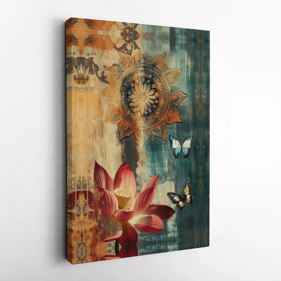 Lotus Flower Mandala Canvas Print | Rustic Bohemian Butterfly Wall Art | Premium Gallery Wrapped Decor | Spiritual Home Office Gift