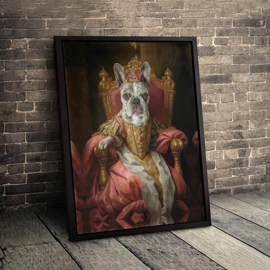 Royal Queen French Bulldog Canvas Wall Art | Regal Pet Portrait on Throne | Premium Fade-Resistant Gallery Wrap | Unique Dog Lover Gift