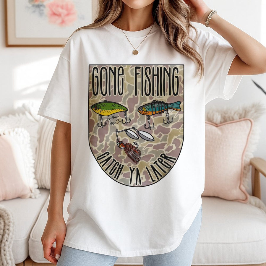 Gone Fishing T-Shirt | Catch Ya Later Camo Graphic Print | 100% Premium Cotton Tee | Outdoor Enthusiast Fisherman Gift
