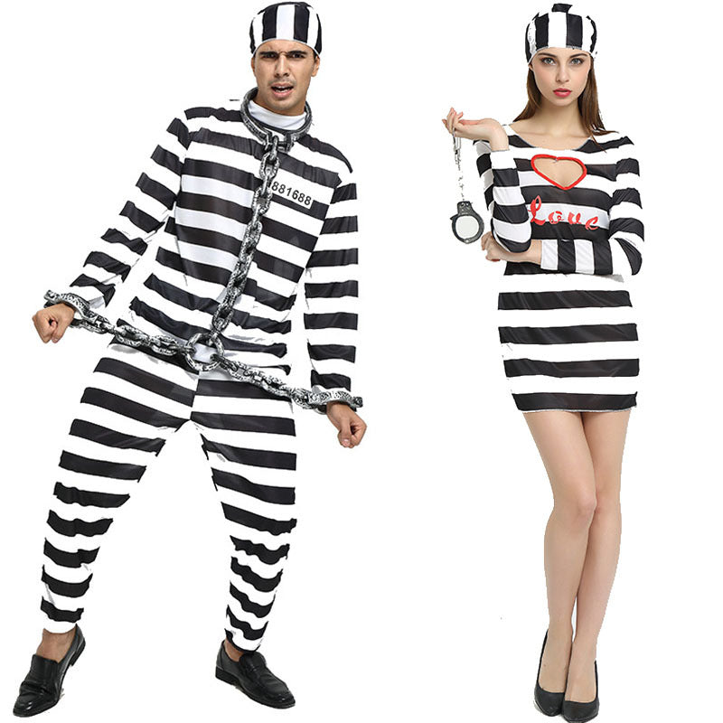 Hers striped prisoner costume: dress and hat, front view on white