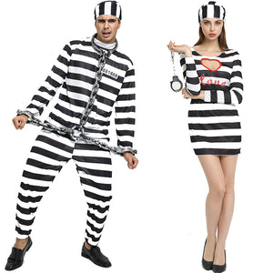 Hers striped prisoner costume: dress and hat, front view on white