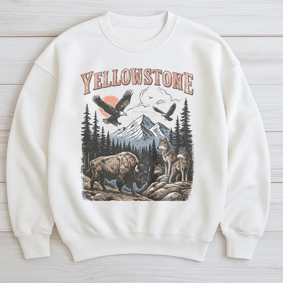 Vintage Yellowstone Sweatshirt | Retro 90s Wildlife Graphic with Bison & Wolves | Soft Cotton Blend Pullover | National Park Souvenir Gift