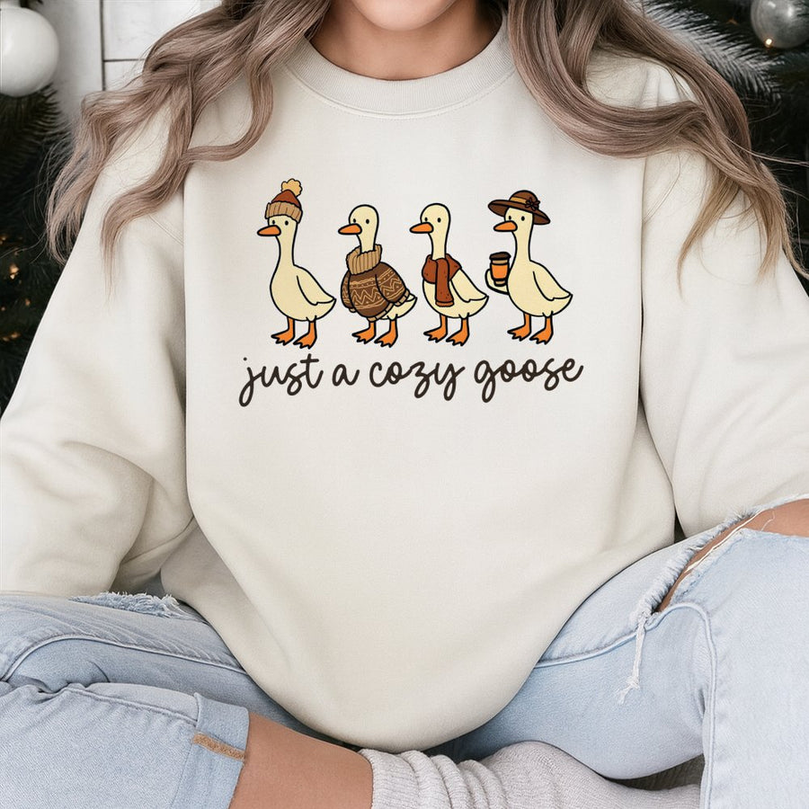 Just A Cozy Goose Sweatshirt | Cute Fall Animal Graphic Design | Premium Cotton Blend Unisex Pullover | Autumn Aesthetic Gift for Goose Lovers