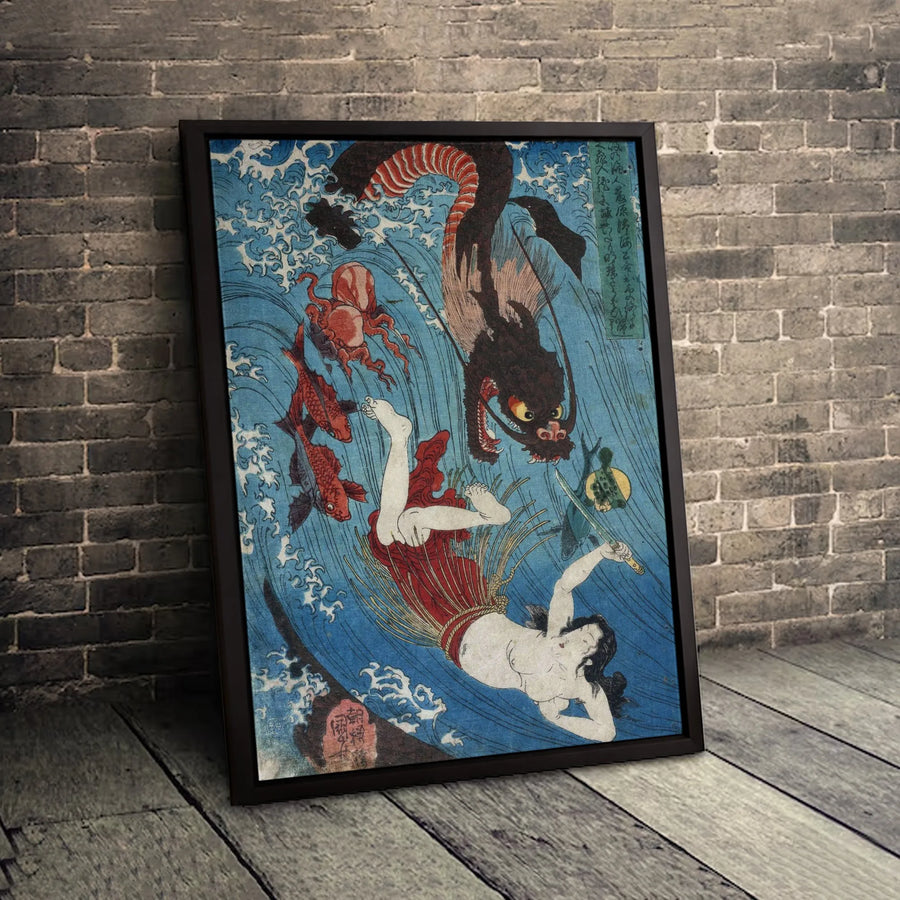 Japanese Ukiyo-e Canvas Wall Art | Tamatori-hime Ama Diver & Dragon Print | Gallery-Quality 1.25" Profile | Aesthetic Living Room Decor