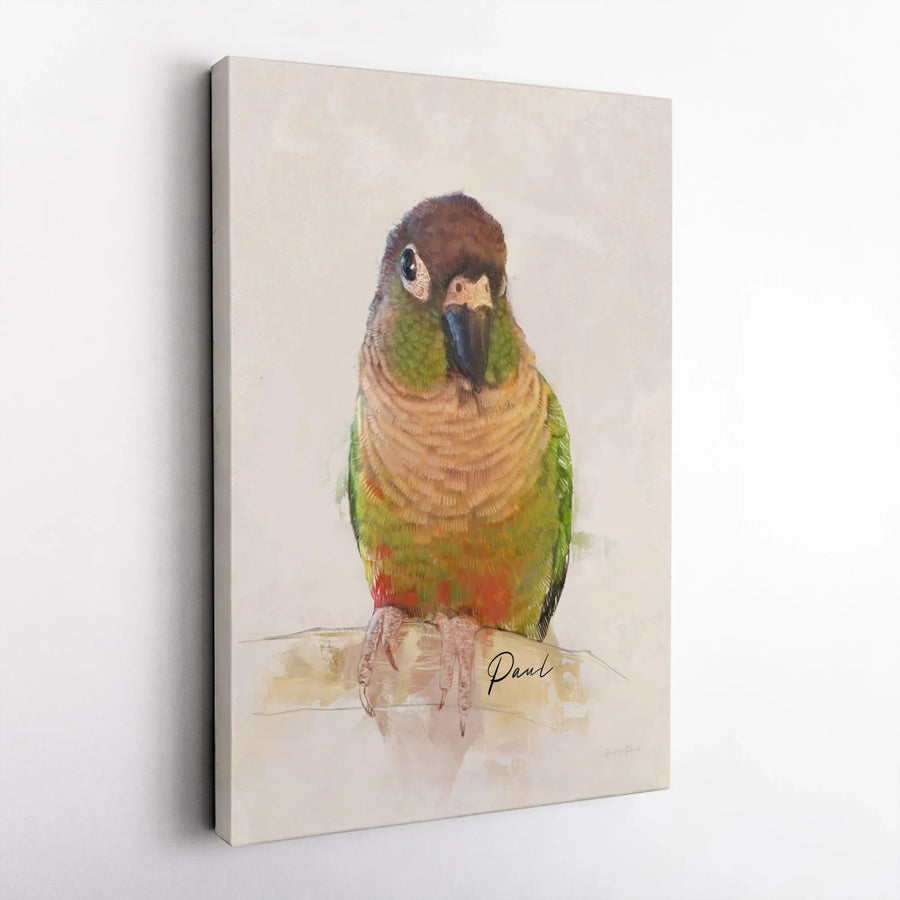 Green Cheek Conure Canvas Wall Art | Watercolor Parrot Portrait Painting | Premium 1.25" Thick Gallery Wrap | Gift for Bird Lovers