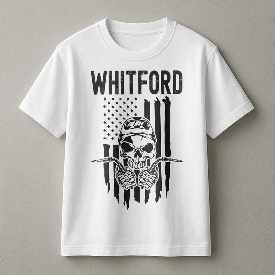 Welder T-Shirt | American Flag Skull Welding Helmet Design | 100% Cotton Premium Tee | Unique Gift for Welders and Welding Fans