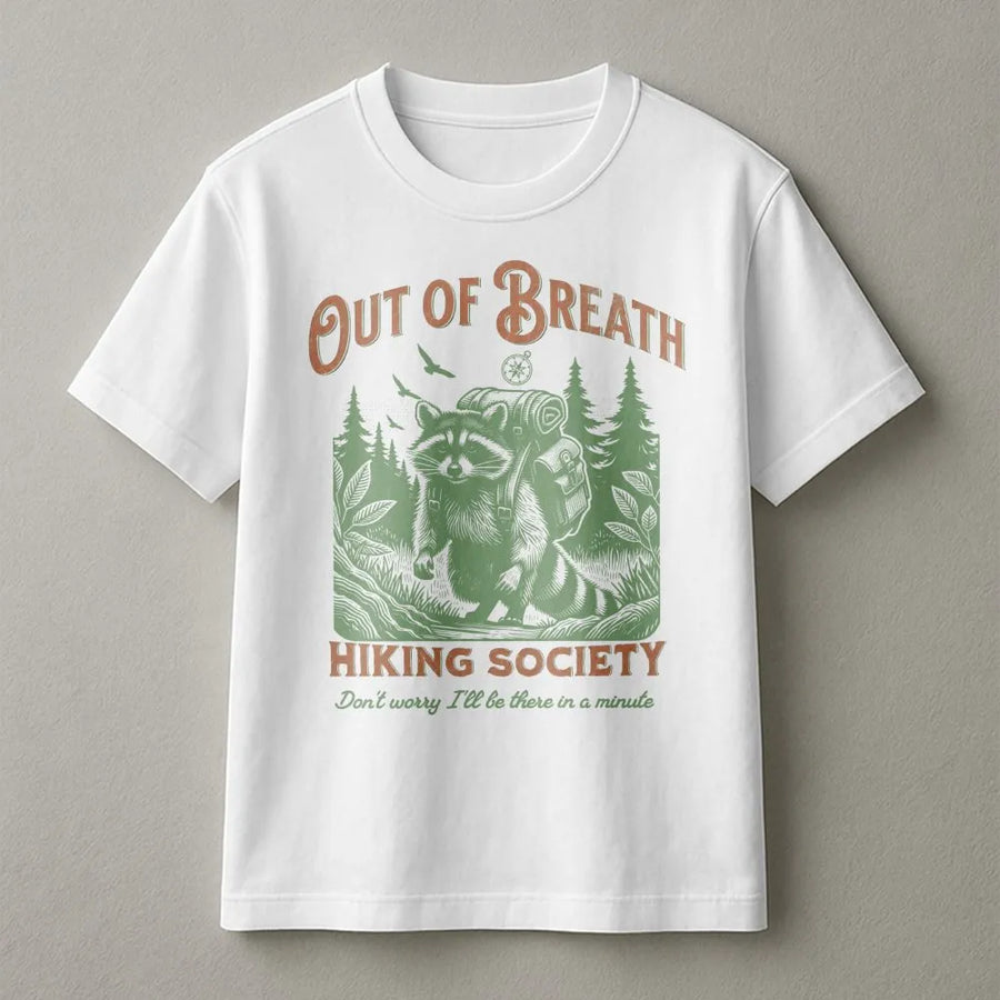 Out of Breath Hiking Society T-Shirt | Vintage Raccoon Graphic | Soft Fleece Pullover | Gift for Hiker and Outdoor Lover