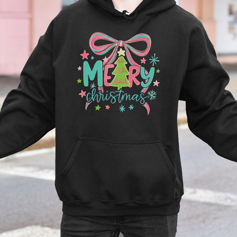 Merry Christmas Hoodie | Pastel Bow & Tree Graphic | Premium Cotton Blend | Holiday Gift for Women & Men